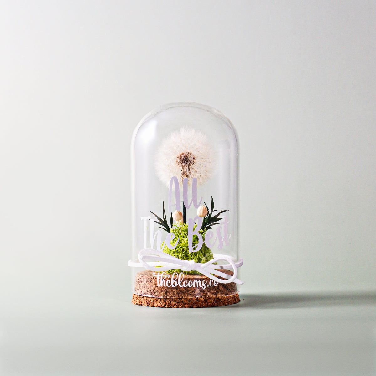 A preserved dandelion seed head is displayed under a clear glass dome on a cork base. The fluffy white seed head stands tall, surrounded by a bed of green moss and two small, white flower buds. The glass dome is adorned with a custom message in purple script that reads "All The Best". A white ribbon is tied in a bow around the base, and the logo "theblooms.co" is visible on the cork. The object is set against a simple, pale green-gray background.