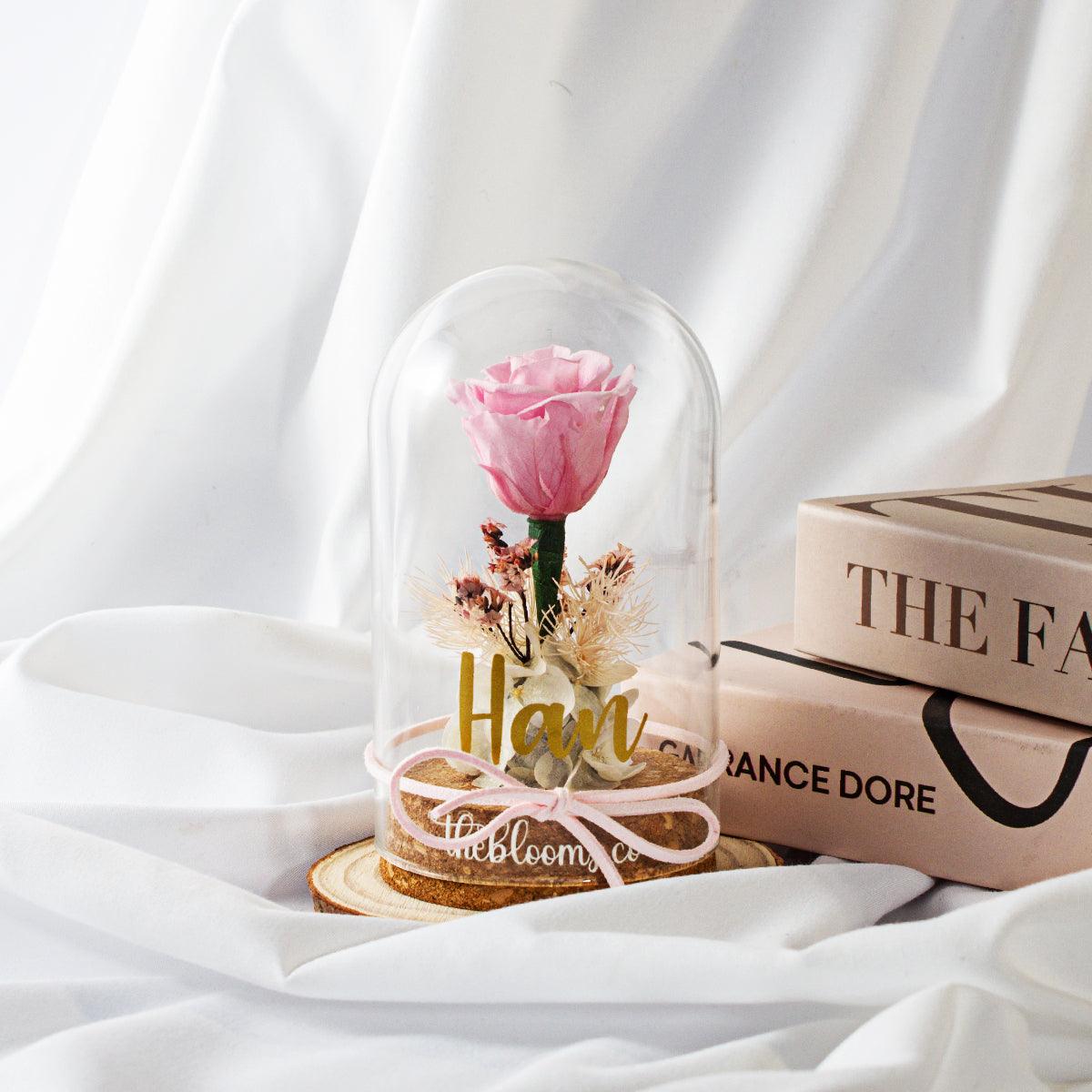 Pink preserved rose in a clear glass dome with ribbon and dried flowers, set against a soft pink background. Elegant personalized floral gift from TheBlooms.co, ideal for birthdays, anniversaries, or romantic occasions.