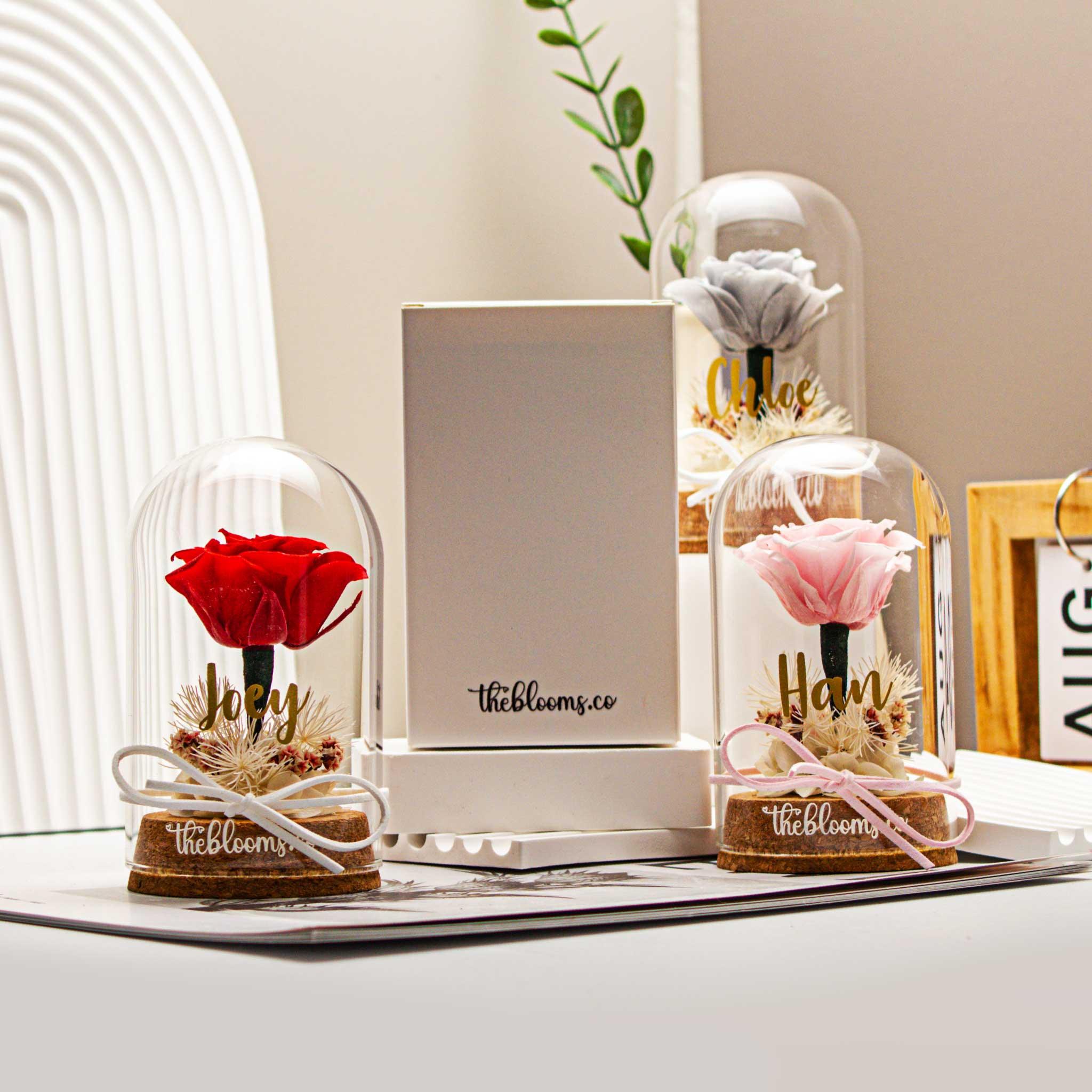 Preserved roses in elegant glass domes with name personalization, dried floral accents, and satin ribbons. Displayed on stacked books, ideal as romantic gifts from TheBlooms.co.