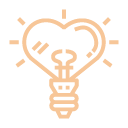 An orange line-art icon of a lightbulb with a heart-shaped filament, with lines radiating outward from the heart.
