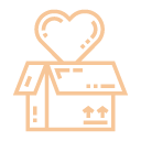 An orange line-art icon of a shipping box with a large heart shape emerging from the top.