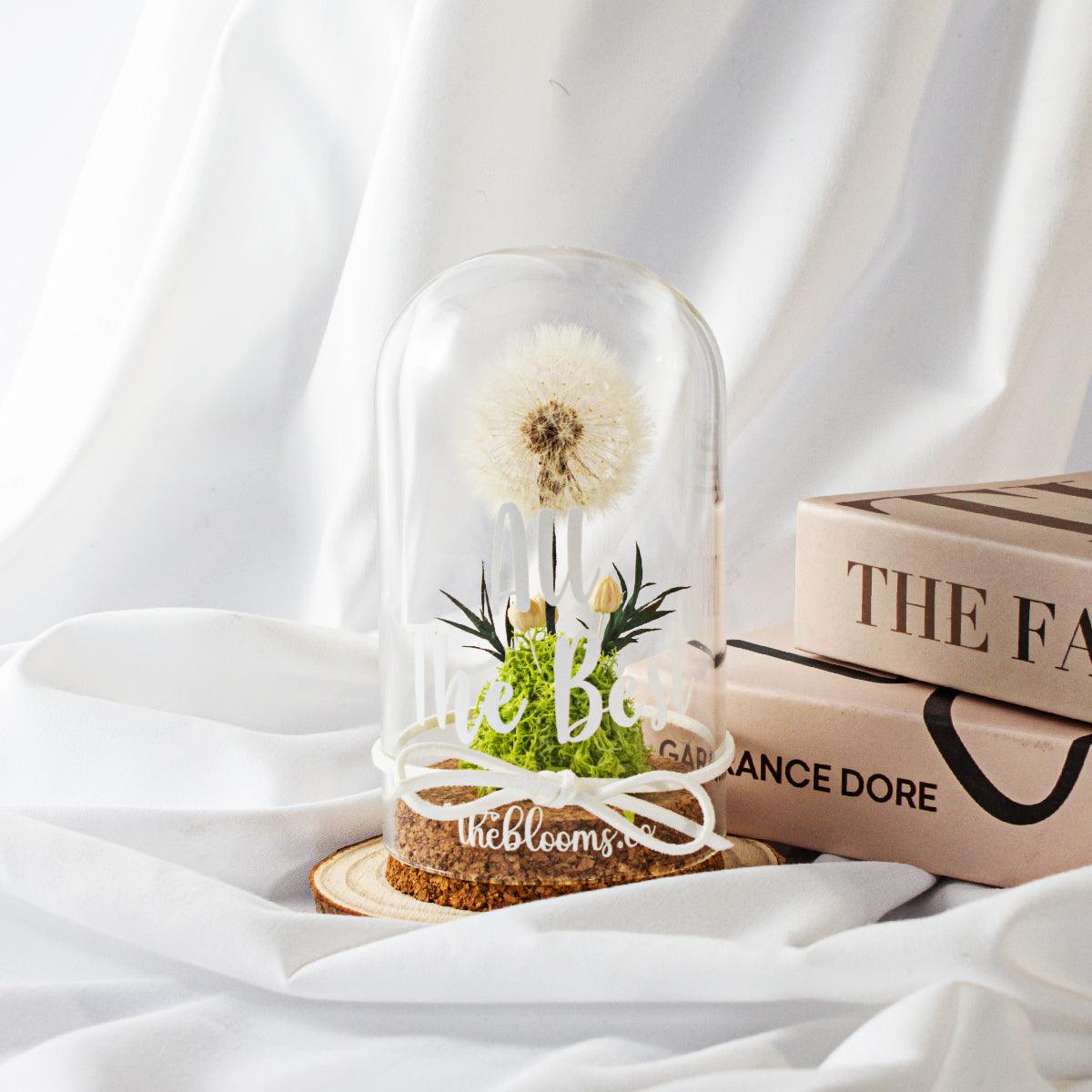 Glass dome with a single, white dandelion puffball and a small cluster of  green preserved flowers inside. The dome is on a round wooden base and tied with a white ribbon.