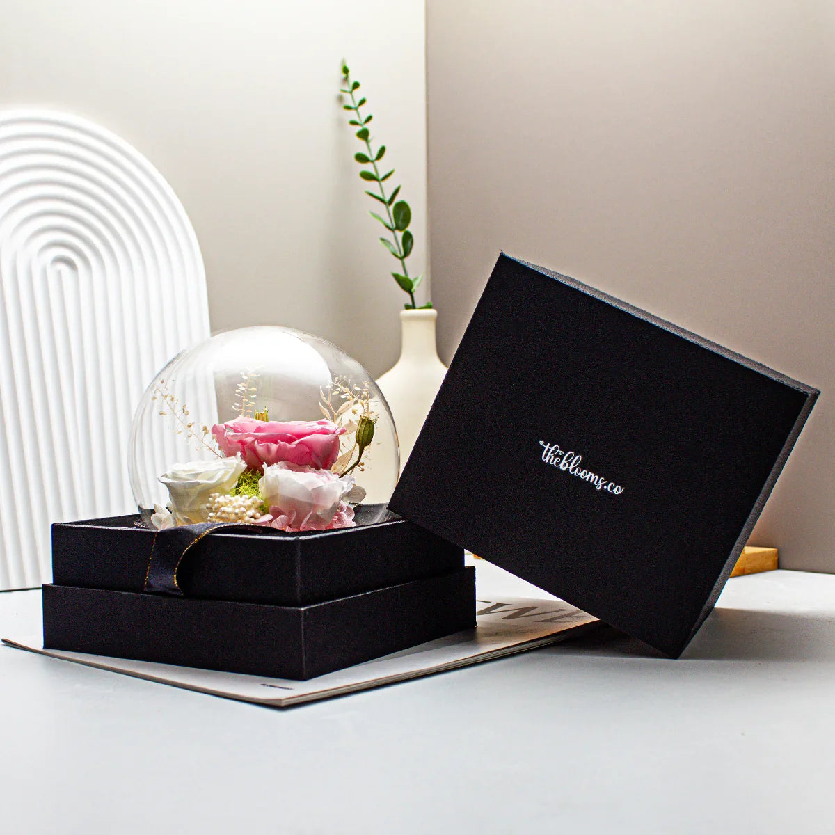 The Enchanted Rose preserved flower dome with soft pink and white roses in a glass display, nestled in a signature black gift box from theblooms.co.